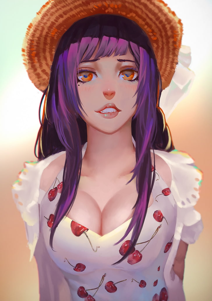 purple haired female anime character wearing straw hat digital wallpaper