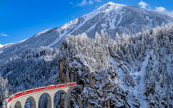 winter, snow, mountains, train, Switzerland, ate, Alps, railroad, HD wallpaper