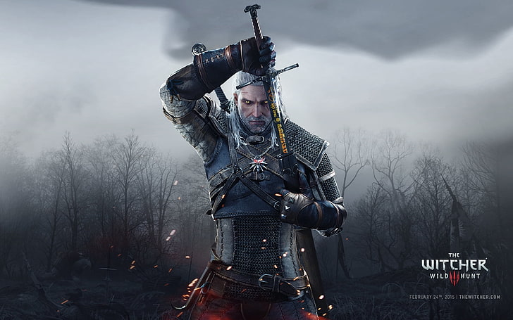 the Witcher wallpaper, White, Forest, Sword, Corpses, Wolf, Runes
