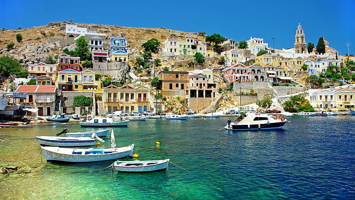 barcos, costero, grecia, pueblo, HD wallpaper