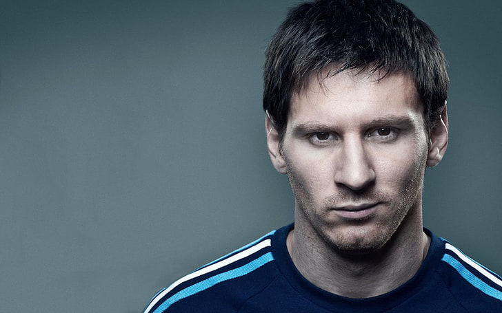men's blue crew-neck top, Lionel Messi, FC Barcelona, portrait
