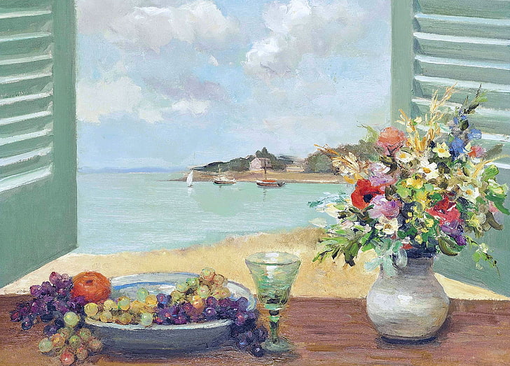 painting of flower and grapes, landscape, flowers, boat, picture