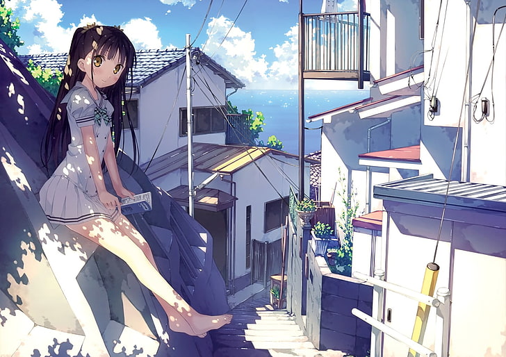 anime, anime girls, sea village, sitting, reading, skirt, Kantoku, HD wallpaper