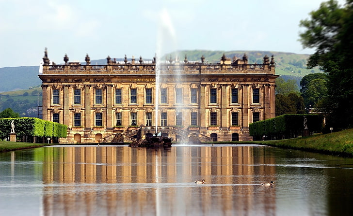 Chatsworth House, brown concrete building, Europe, United Kingdom