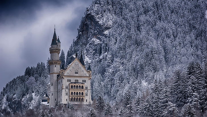 Castle, forest, winter, snow, Germany, HD wallpaper