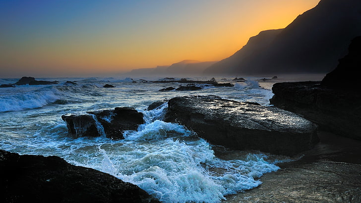 landscape, rock, sea, waves, nature, sunlight, water, beauty in nature, HD wallpaper