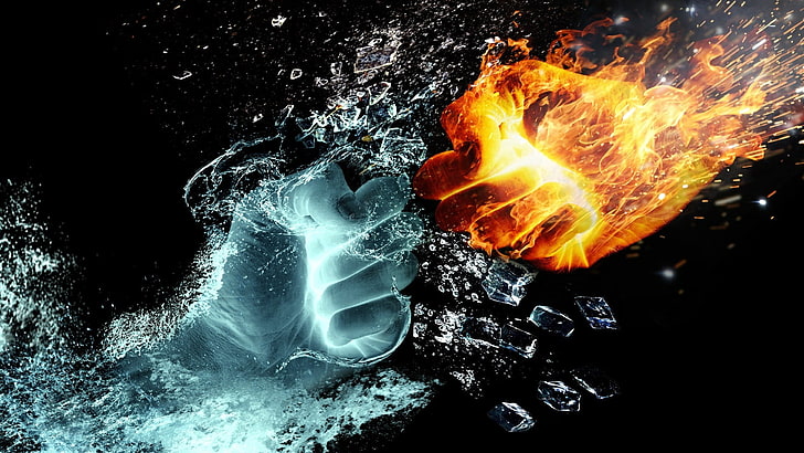 fist, ice, fire, digital art, hot, cold, flame, contrast, motion