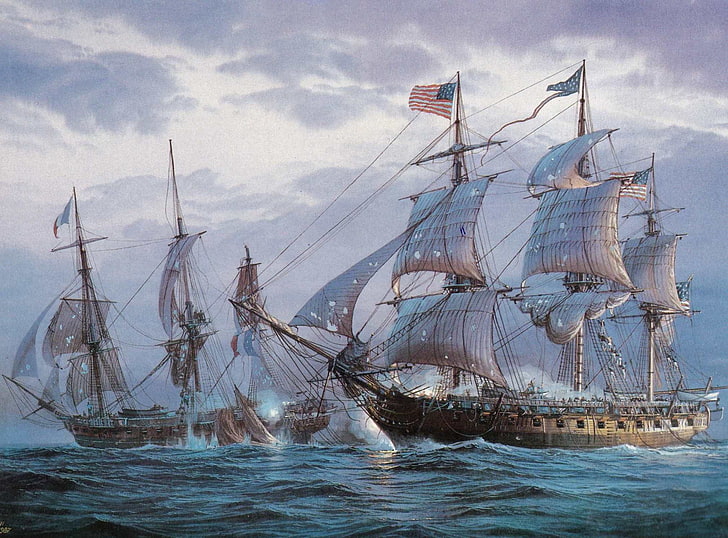 two galleon ships painting, oil, picture, battle, canvas, sea, HD wallpaper