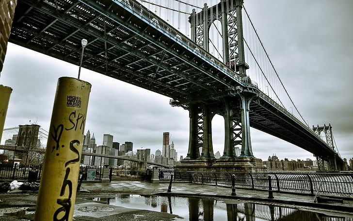 gray bridge under cloudy sky, Manhattan Bridge, New York City, HD wallpaper