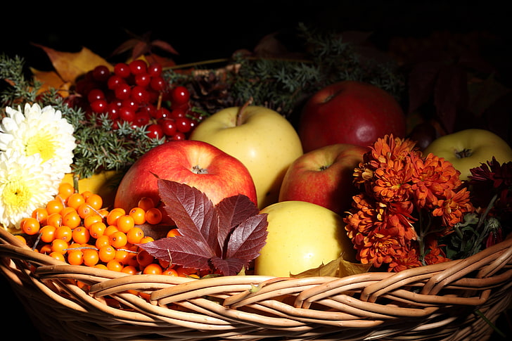 several fruits, autumn, leaves, flowers, basket, apples, sea buckthorn, HD wallpaper