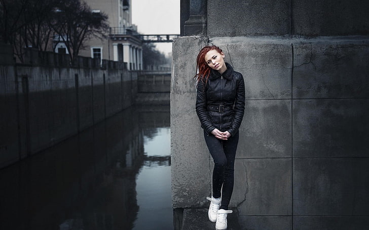 women's black leather zip-up jacket, redhead, dreadlocks, Ivan Gorokhov, HD wallpaper