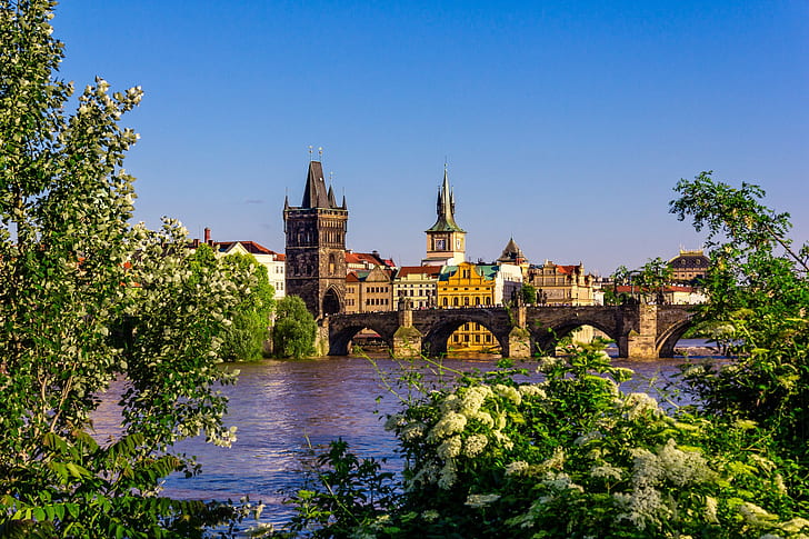 river, spring, Prague, Czech Republic, Vltava, Charles bridge