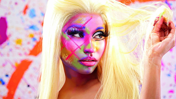 Music, Nicki Minaj, multi colored, paint, portrait, beauty
