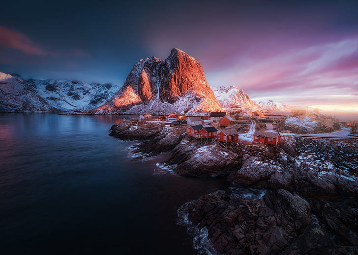 winter, sea, light, snow, mountains, rocks, island, Norway