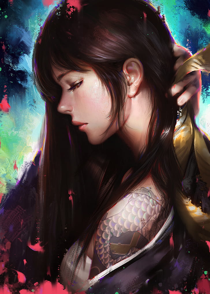 Liang Xing, genderswap, Hanzo (Overwatch), tattoo, women, artwork, HD wallpaper
