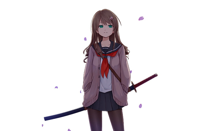 brown haired girl illustration, anime, anime girls, sword, katana, HD wallpaper
