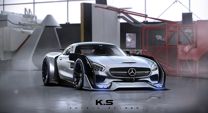 silver Mercedes-Benz car, artwork, Khyzyl Saleem, mode of transportation