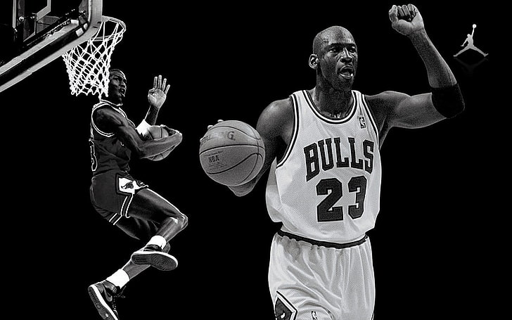 Michael Jordan poster, monochrome, sportsman, black background
