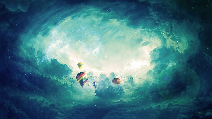 hot air ballooning, sky, cloud, fantasy art, imagination, hot air balloons, HD wallpaper