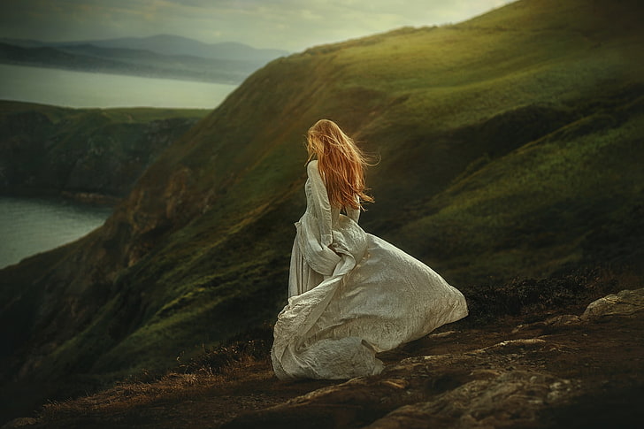 women, model, redhead, white dress, hills, cliff, coast, emotion