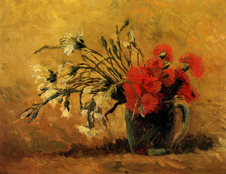 red and yellow flowers painting, picture, vase, clove, Gogh, Vincent, HD wallpaper