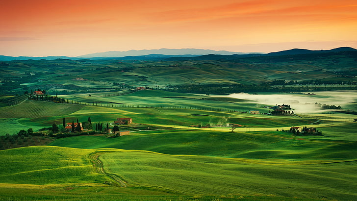 grassland, green, nature, tuscany, field, sky, hill, italy, HD wallpaper