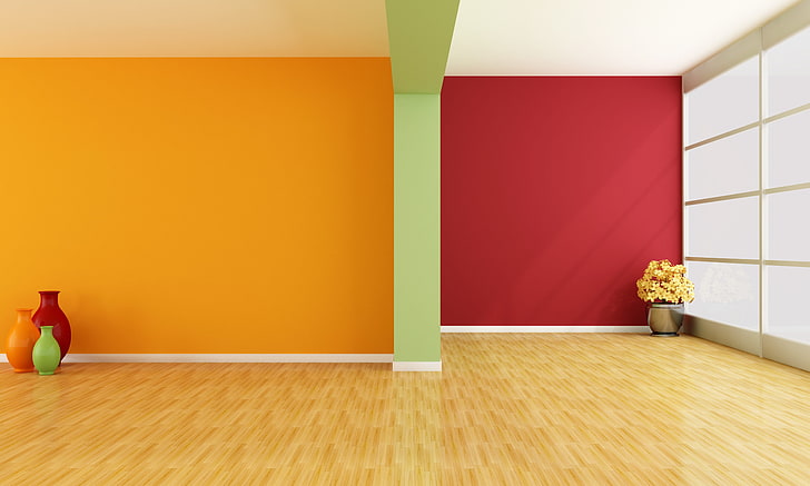 orange, green, and red ceramic vases, walls, design, room, pot