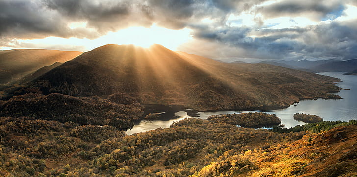 brown mountain during daytime, Sunfall, Goblin, Scotland, Ben Venue, HD wallpaper