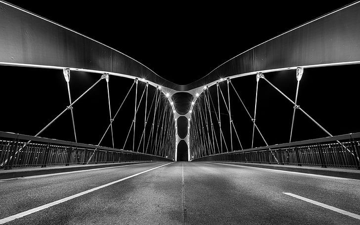 grayscale photo of bridge, monochrome, architecture, night, road, HD wallpaper