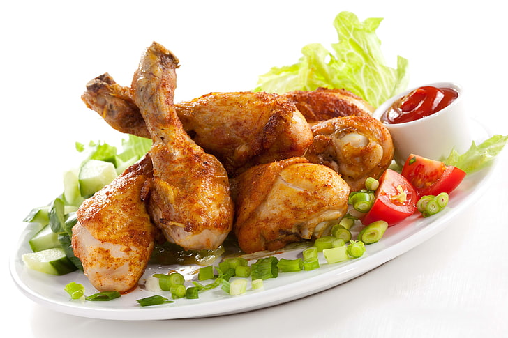 four fried chickens with vegetable and ketchup, dish, chicken legs, HD wallpaper