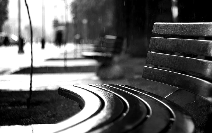 curved bench grayscale photo, photography, monochrome, rain, city, HD wallpaper