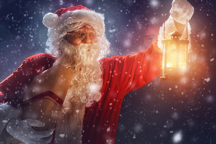 Santa Claus costume, New Year, Christmas, night, winter, snow, HD wallpaper