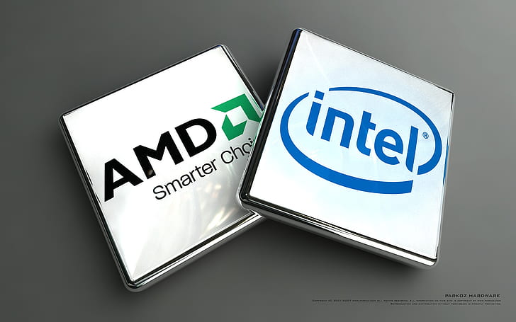 AMD and Intel, two amd and intel square boxes, HD wallpaper