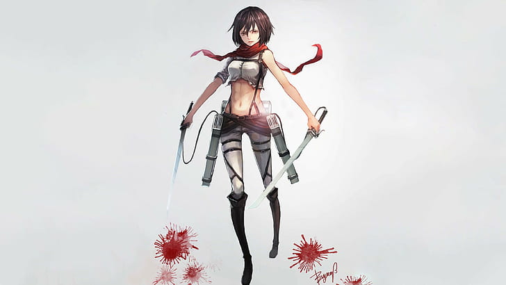Mikasa Ackerman, Anime Girls, Weapon, Gray Background, Shingeki No Kyojin, HD wallpaper