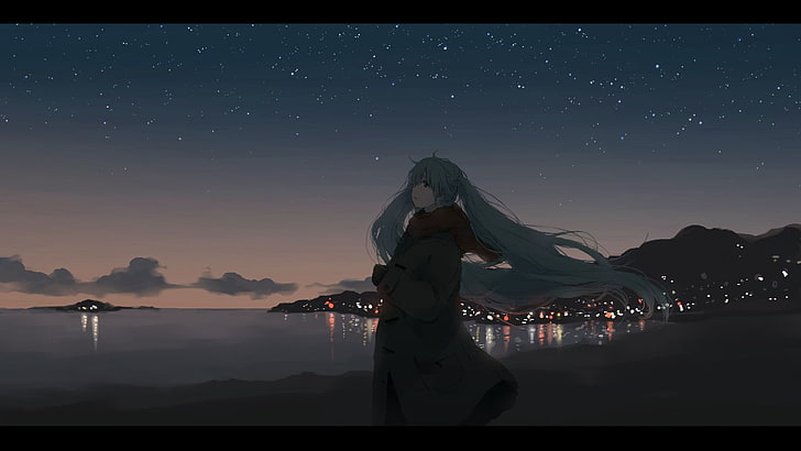 anime, winter, Vocaloid, Hatsune Miku, night, sky, scenics - nature