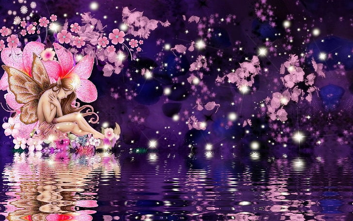 HD wallpaper: Fantasy, Fairy, Flower, Pink, Purple, Water | Wallpaper Flare