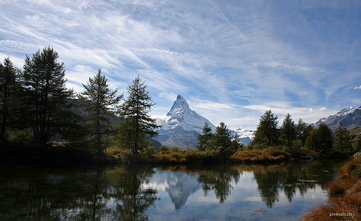 Matterhorn Majesty, trees, mountian, lake, majestic, beautiful, HD wallpaper