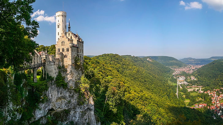 brown stone castle, mountains, rock, Germany, valley, panorama, HD wallpaper