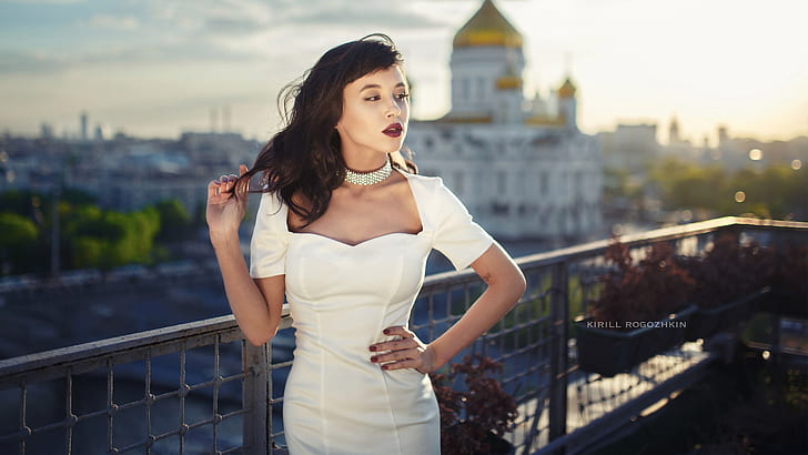 women, model, Kirill Rogozhkin, cityscape, white, necklace, HD wallpaper
