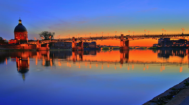 Toulouse Sunset, gray concrete bridge, Europe, France, City, Blue