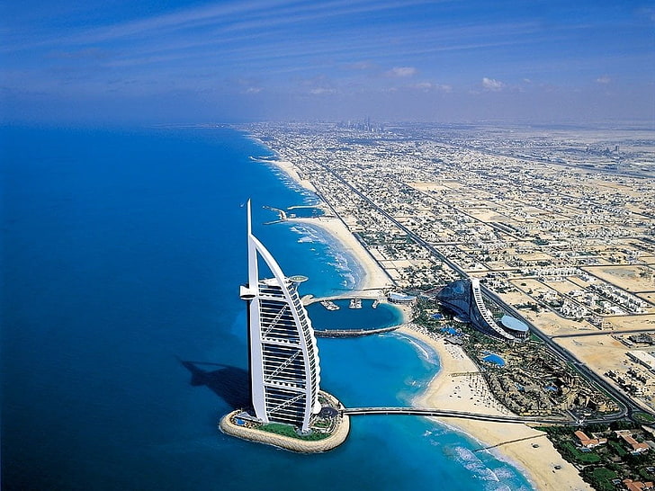 Burg Al Arab, UAE, Cities, Dubai, sea, water, aerial View, blue, HD wallpaper