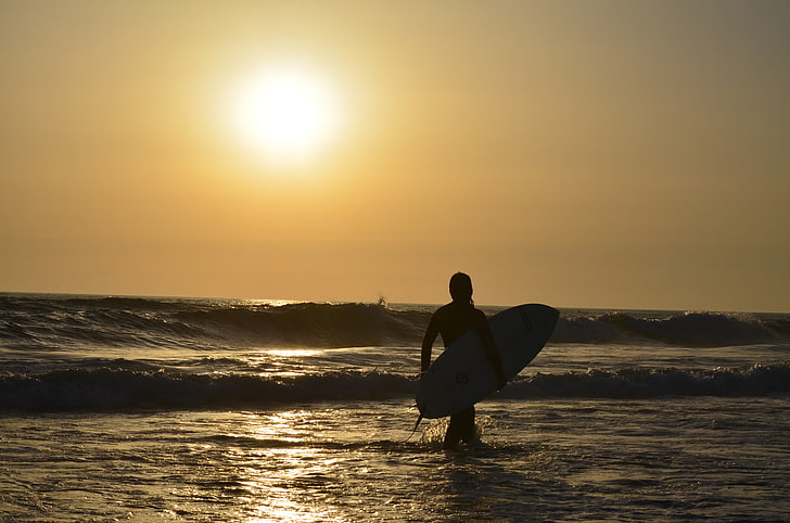 surfing, sunset, waves, Ozean, sea, women outdoors, horizon, HD wallpaper