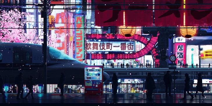 LED signboards, red vending machine, digital art, artwork, Japan