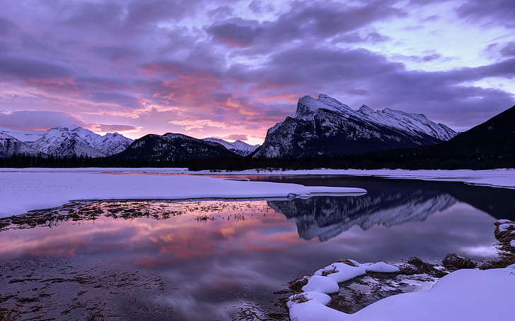 Canada, Alberta, Banff National Park, mountains, lake, sky, clouds, winter, HD wallpaper