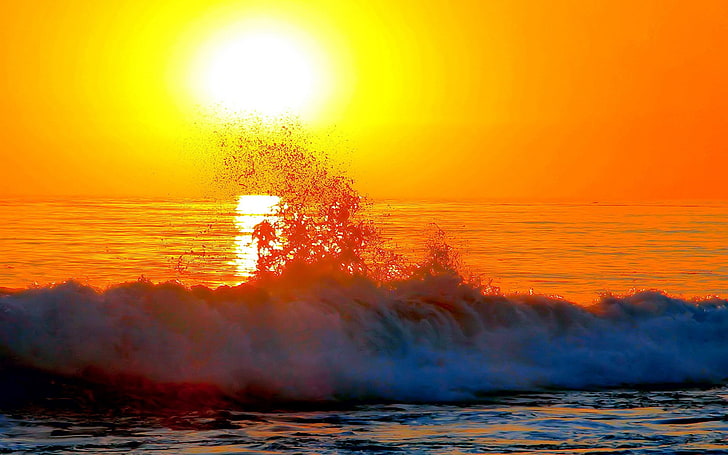 body of water, sea, sunlight, sunset, motion, sky, orange color, HD wallpaper