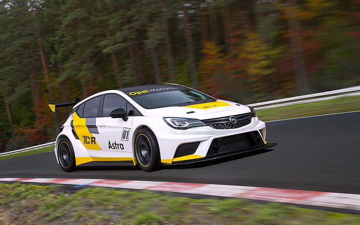 white and yellow sports car, Opel Astra TCR, race tracks, motion blur, HD wallpaper