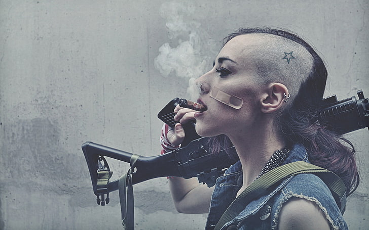 black rifle, war, smoke, weapon, cigars, Sig SG 552, Tank Girl, HD wallpaper