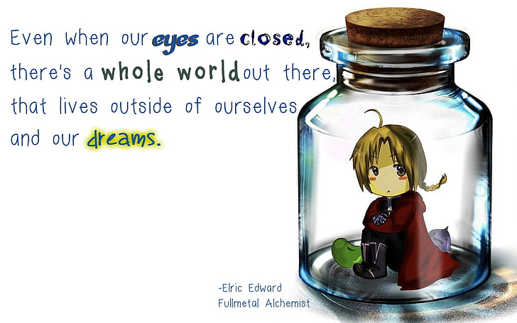 clear glass cork jar, Full Metal Alchemist, Elric Edward, quote