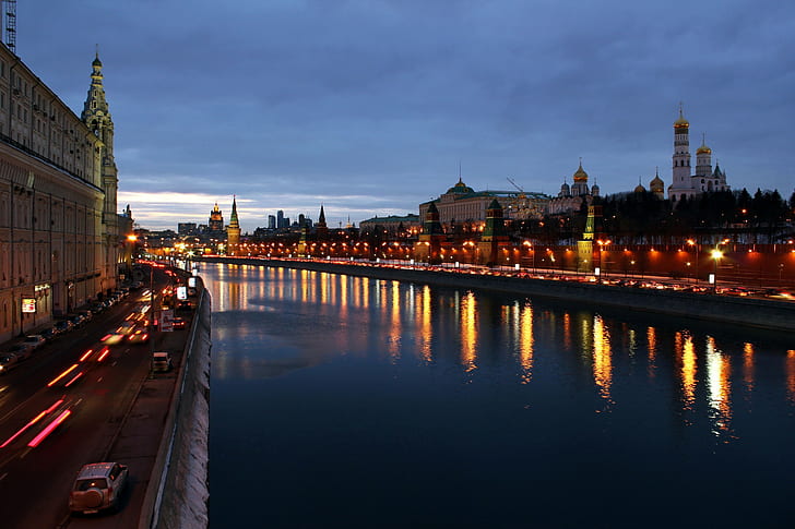 Moscow City, Kremlin, evening, lights, Kremlin embankment, river, HD wallpaper