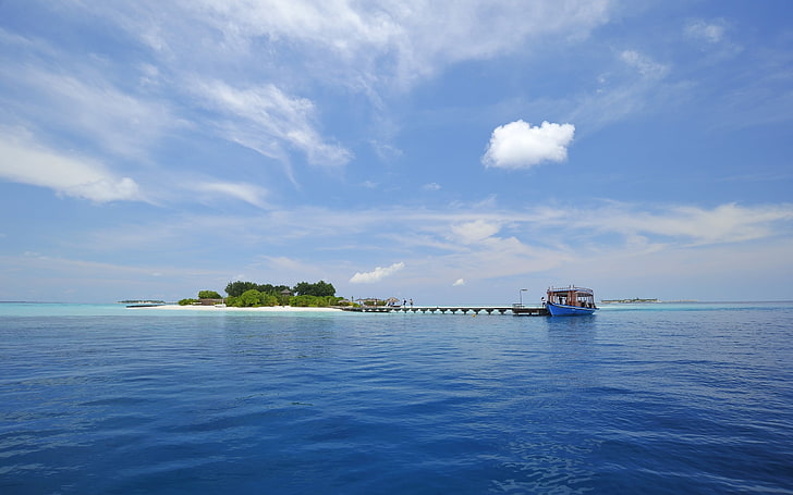 blue boat, coast, water, sky, cloud - sky, sea, scenics - nature, HD wallpaper